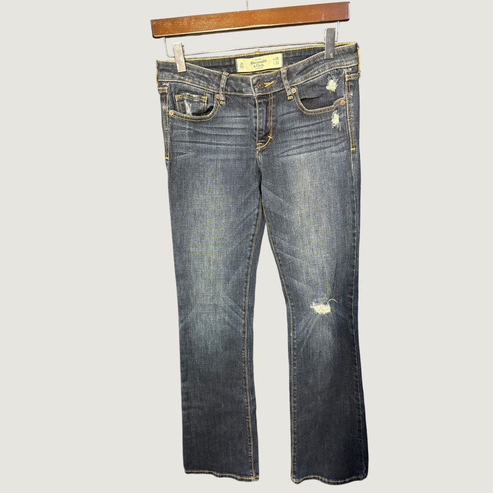 Abercrombie & Fitch Womens Bootcut Jeans 2R W26 L33 Distressed Dark Wash Denim